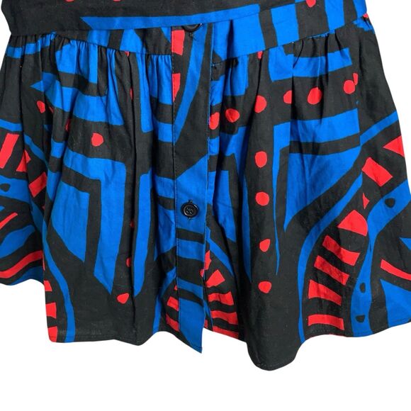 Diyanu Button Up Blouse Puff Sleeve Belt 1X African Inspired Print Blue Red NWOT - Picture 8 of 11